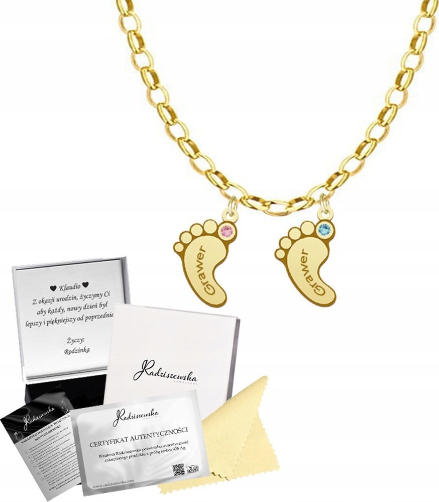 Radziszewska Jewellery Naszyjnik Złoty STÓPKI z Grawerem IMIĘ DZIECKA SREBRO 925 Prezent ŻYCZENIA