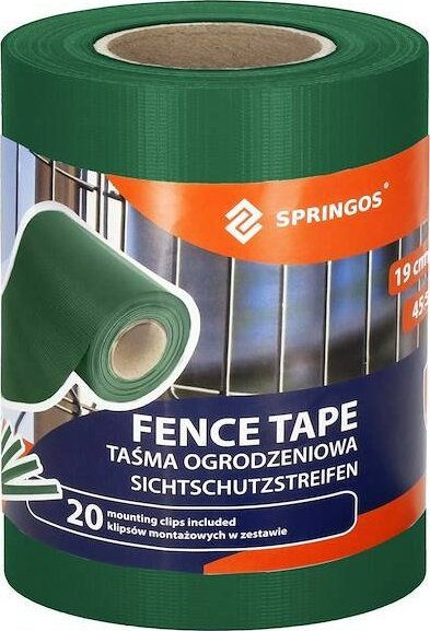Springos Taśma ogrodzeniowa i klipsy mocujące 20 szt. PVC 35 m x 19 cm 450 g/m2 ciemna zieleń UNIWERSALNY