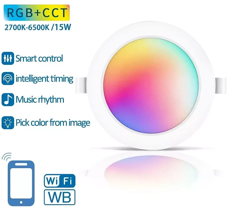 Lampa panel plafon sterowany z WI-FI okrągły podtynkowy 15w RGB+CCT
