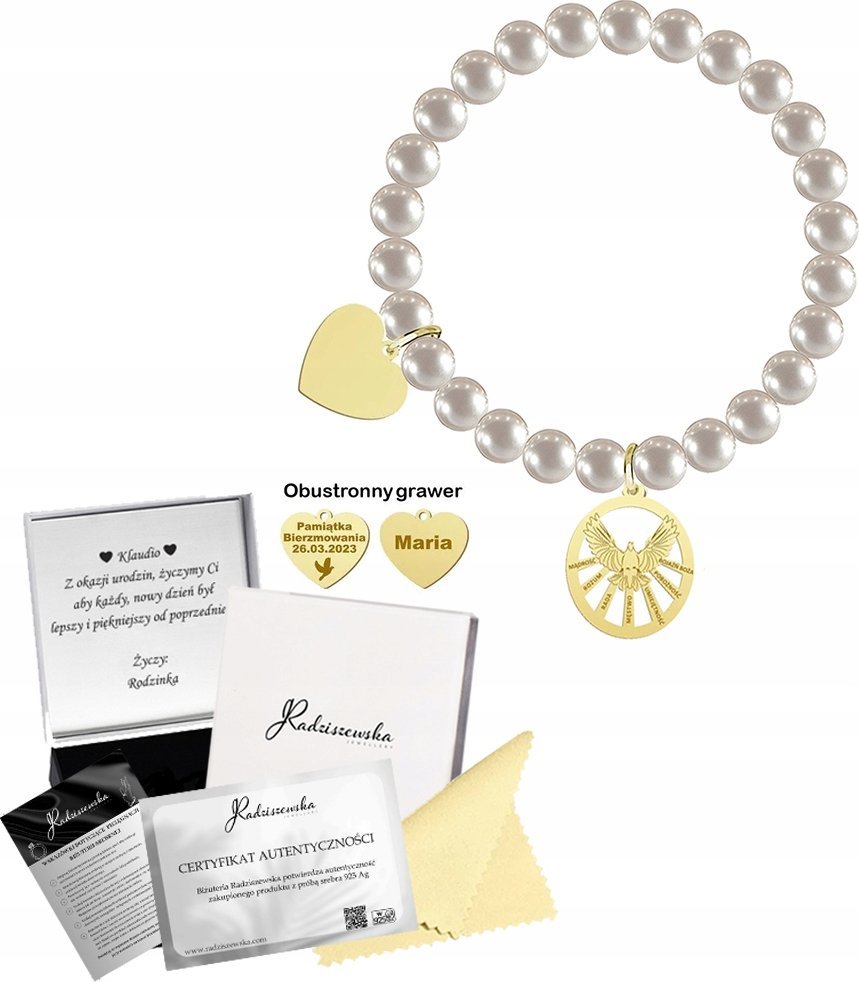 Radziszewska Jewellery Bransoletka Złota Uniwersalna Duch Święty Perły 925 Serce Grawer Prezent