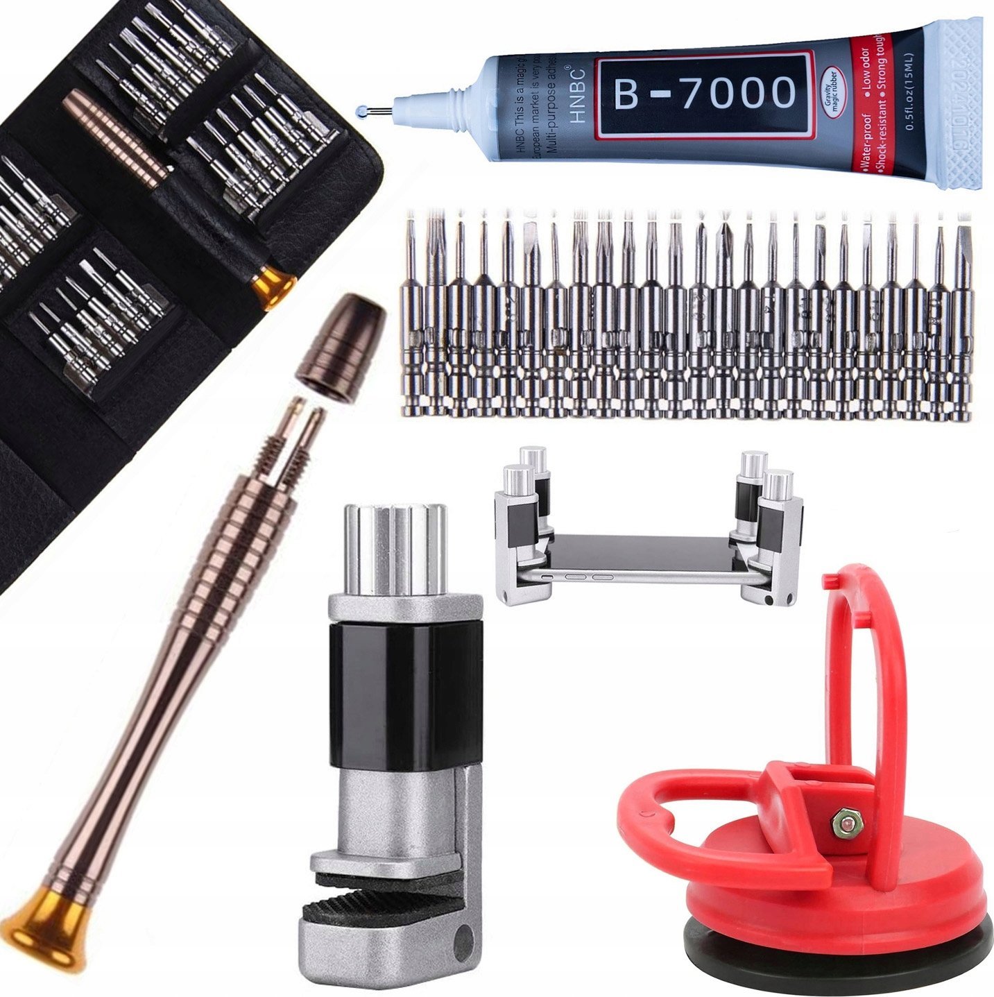 Rosfix Rosfix Imadełko do wyświetlaczy LCD + Zestaw precyzyjnych wkrętaków 25w1 w materiałowym etui + Klej B7000 + Przyssawka do wyświetlaczy LCD 55mm