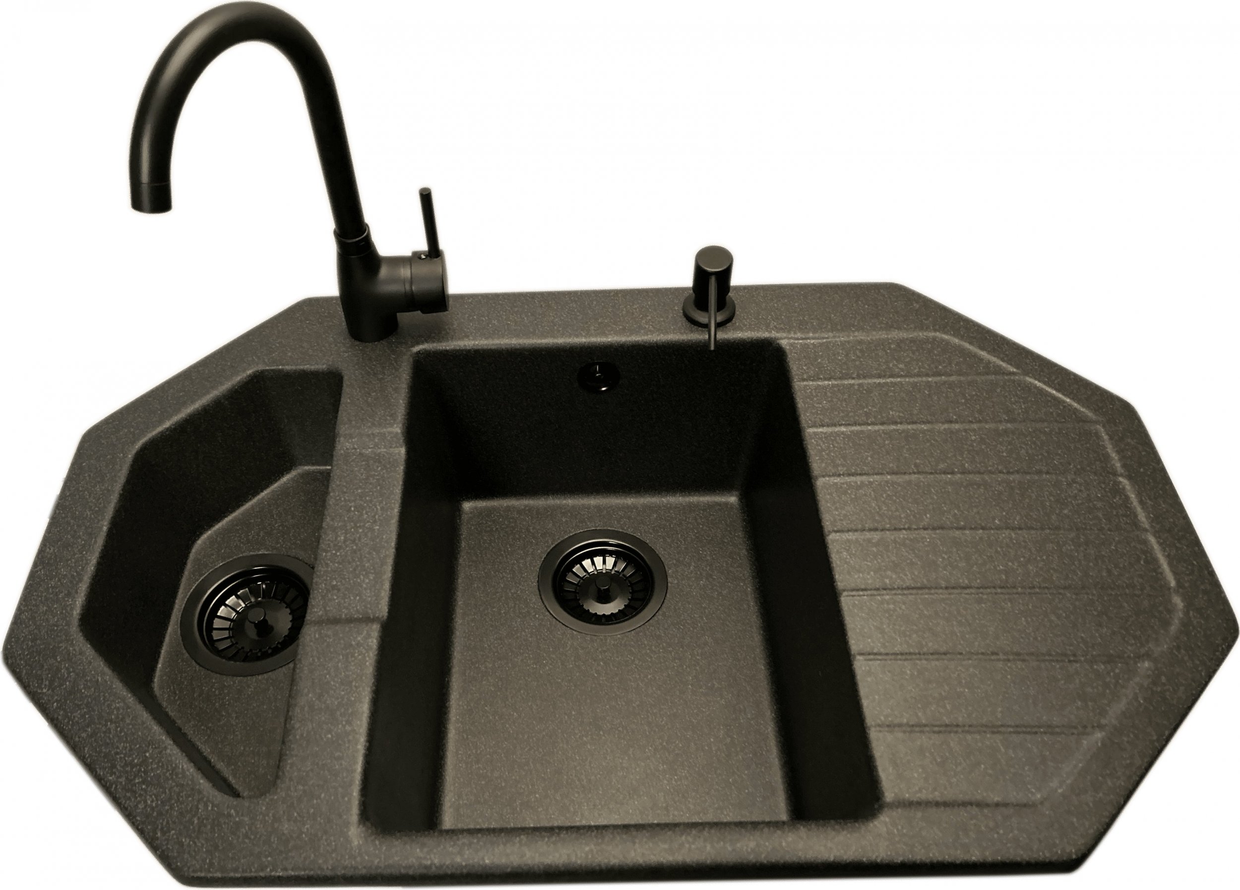 Zlewozmywak PREHNIT Zlewozmywak narożny ANTILA grafit + bateria LUNA + dozownik