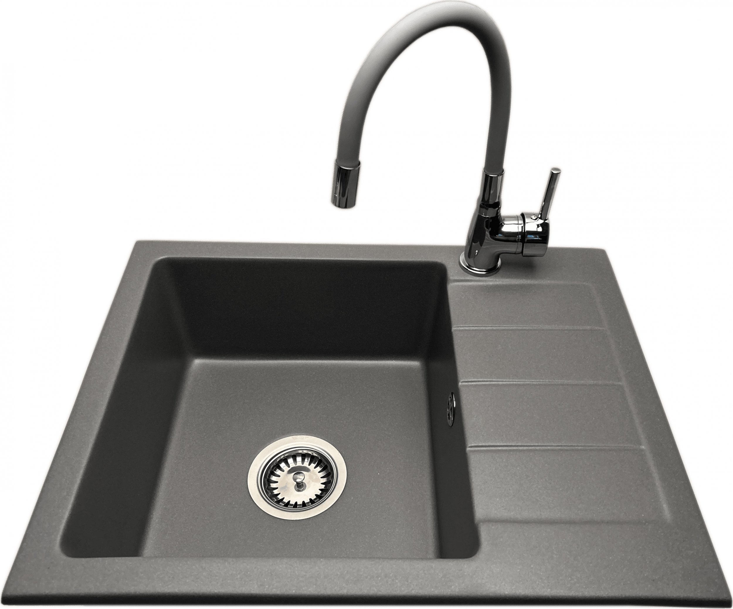 Zlewozmywak PREHNIT Zlewozmywak jednokomorowy z ociekaczem ADAL szary z prawym ociekaczem + bateria flex LAVO