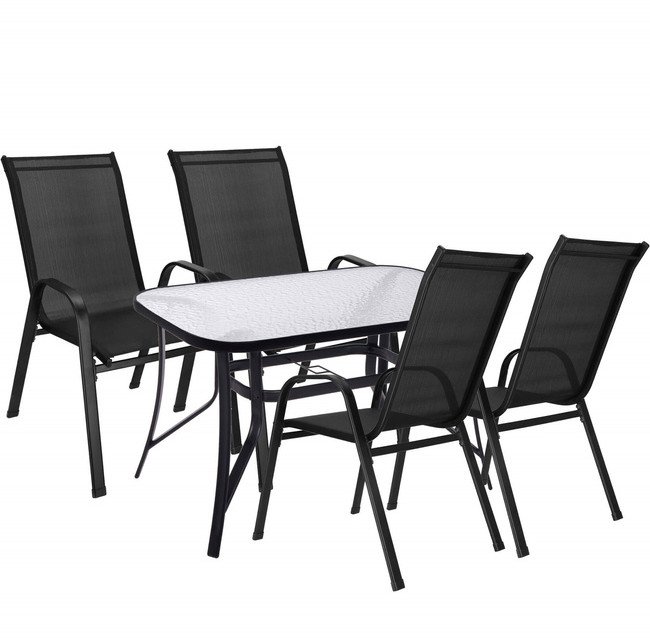 Meble ogrodowe zestaw na taras dla 4 osób: metalowe 4 krzesła i stół z bezbarwnym szklanym blatem, czarny UNIWERSALNY