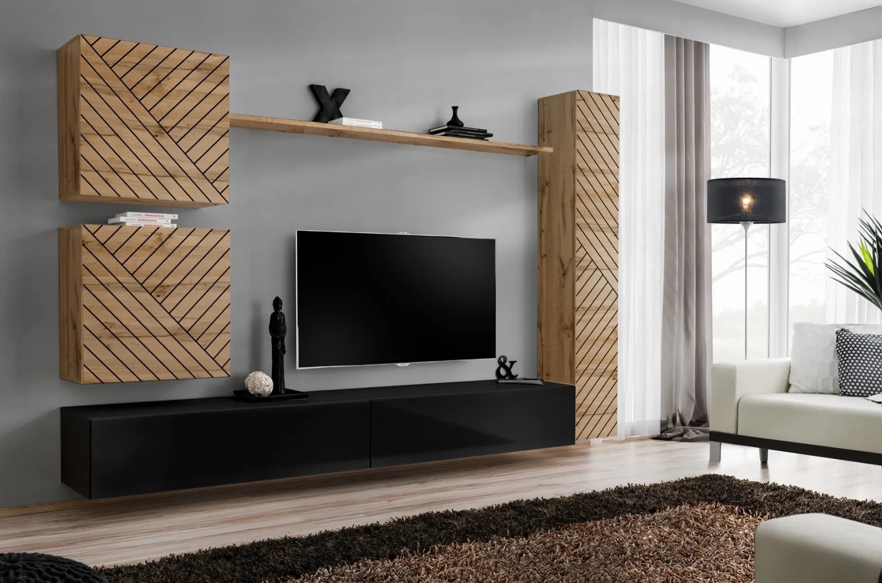 Meblościanka SWITCH LAMEL VIII dąb wotan/czarna ASM Meble