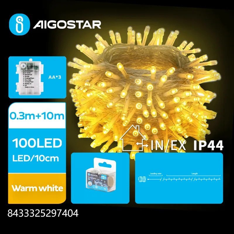 Lampki choinkowe Aigostar Lampki choinkowe-ozdobne na 3 baterie AA, Ciepła biel, 10m Płaska taśma świetlna na 3 baterie AA, Ciepła biel, 10m