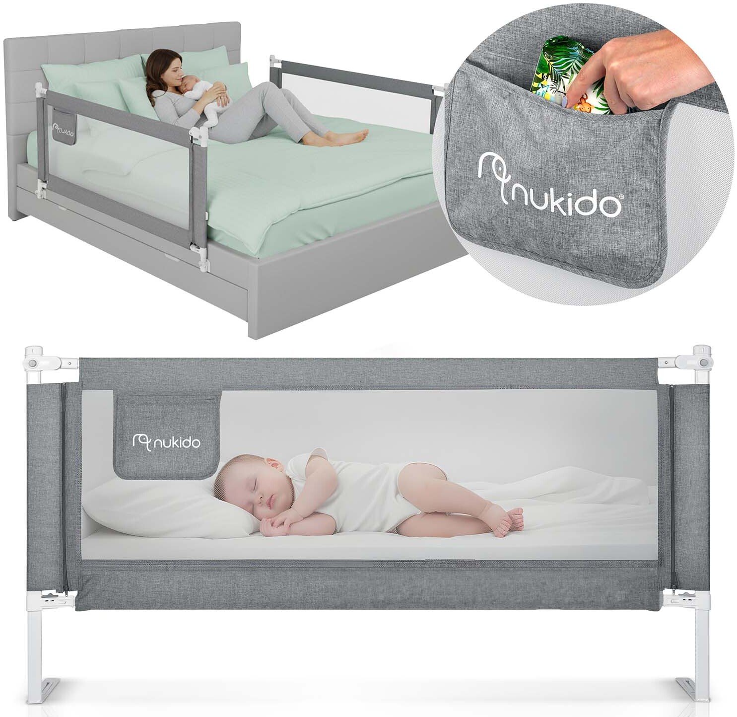 Barierka ochronna do łóżka zabezpieczająca bramka blokada 160 cm Nukido NK-227 szara