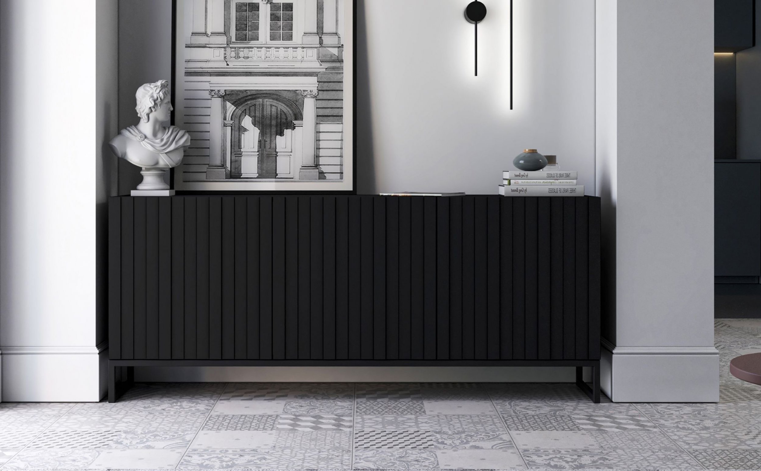 Meble Lindner Komoda RTV Industrialna Szafka RTV Loft Czarny MAT 168 cm Czarna Rama Metalowa