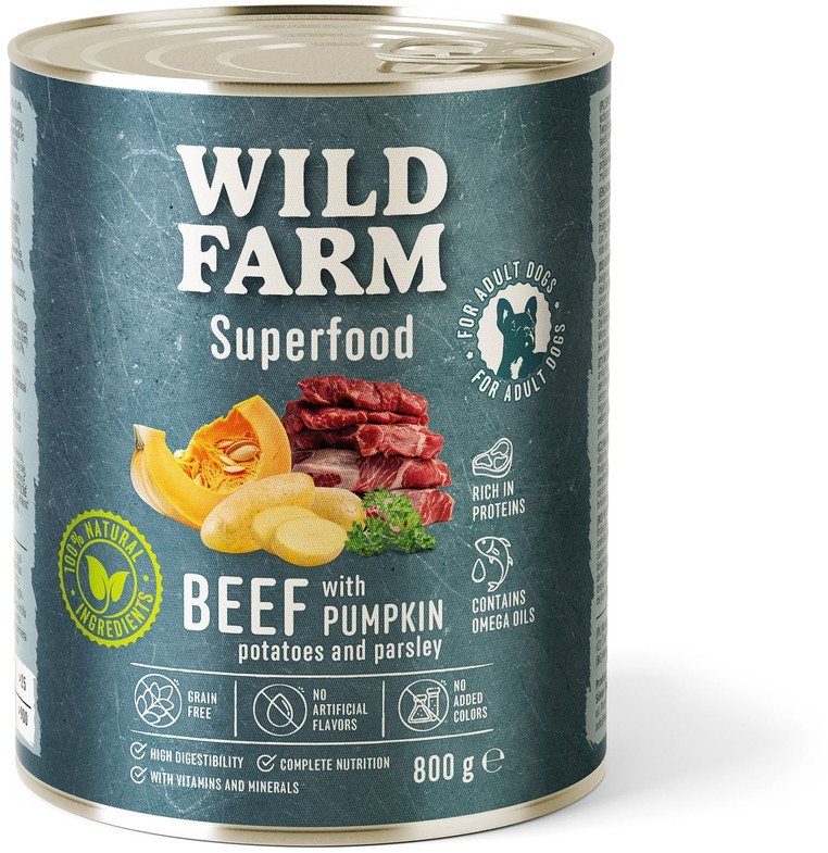 WILD FARM Superfood Beef (Wołowina z dynią, ziemniakami i natką pietruszki) 800g bezzbożowa karma dla psa