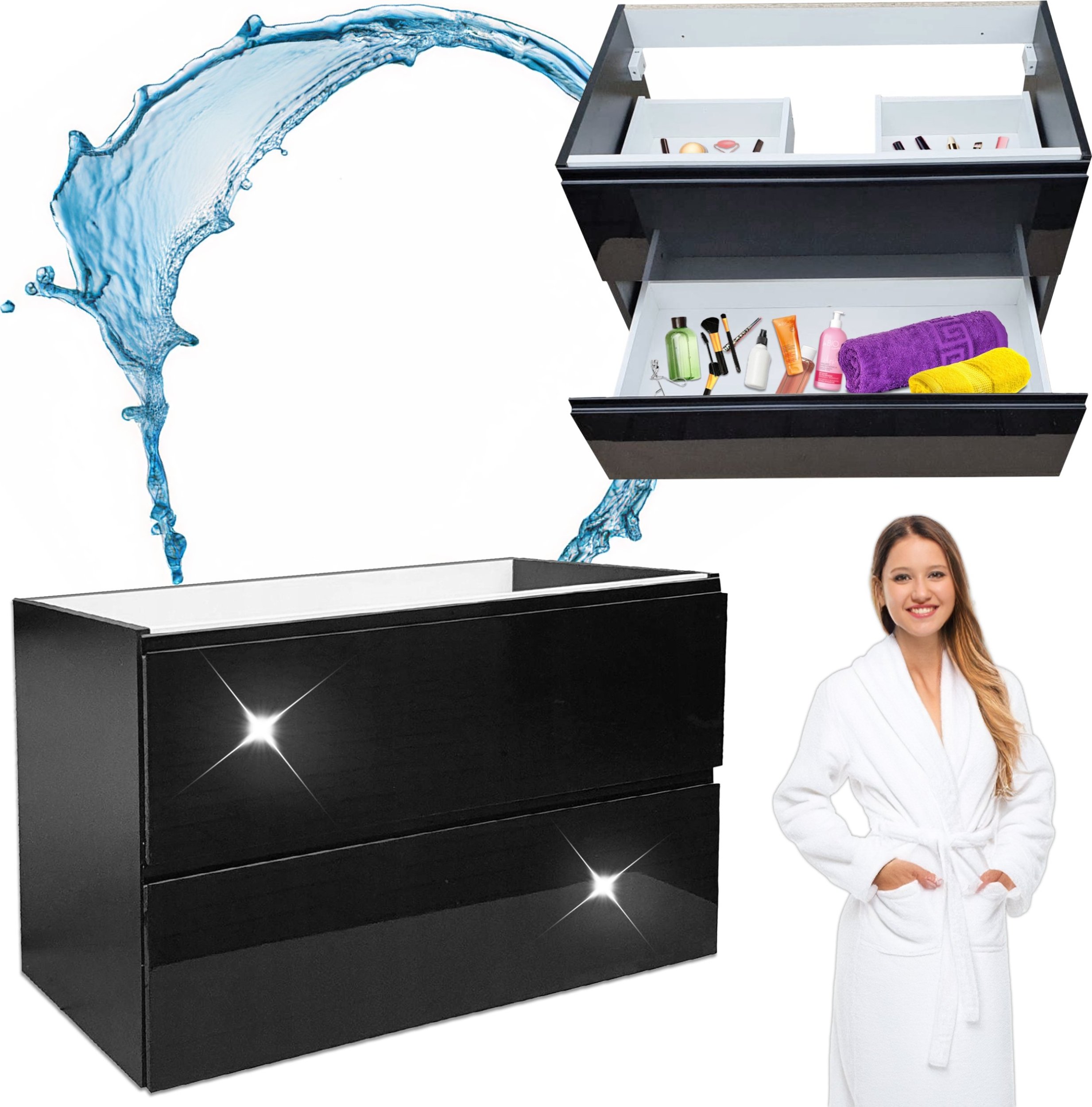 Stamar Szafka Łazienkowa Wisząca pod Blat Czarna Połysk 100 x 50 x 46 Szuflady MDF