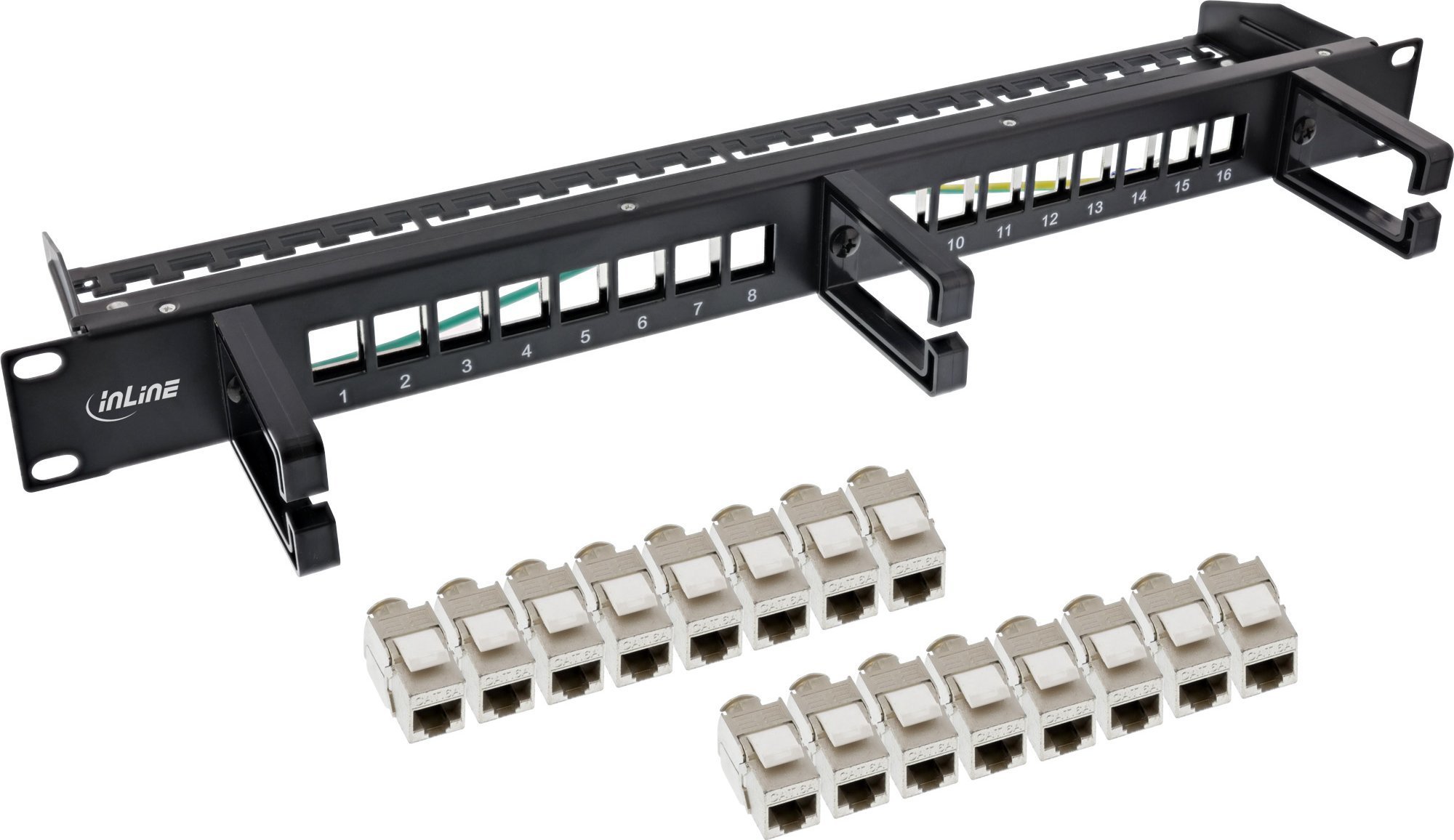 InLine InLine® Patch panel Cat.6A 16-way, with 3 brackets, 16 keystones, 19", 1U, nero