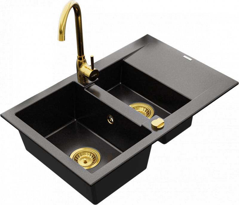 Zlewozmywak Mexen Mexen Gaspar zlewozmywak granitowy 1,5-komorowy z ociekaczem i baterią kuchenną Telma, czarny - 6507-77-670200-50