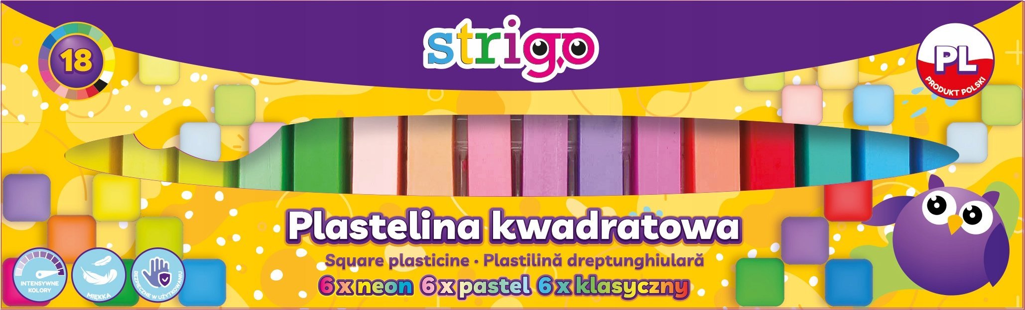 Strigo Plastelina kwadratowa STRIGO, 18 kolorów ( 6 klasycznych, 6 pastelowych, 6 neonowych)