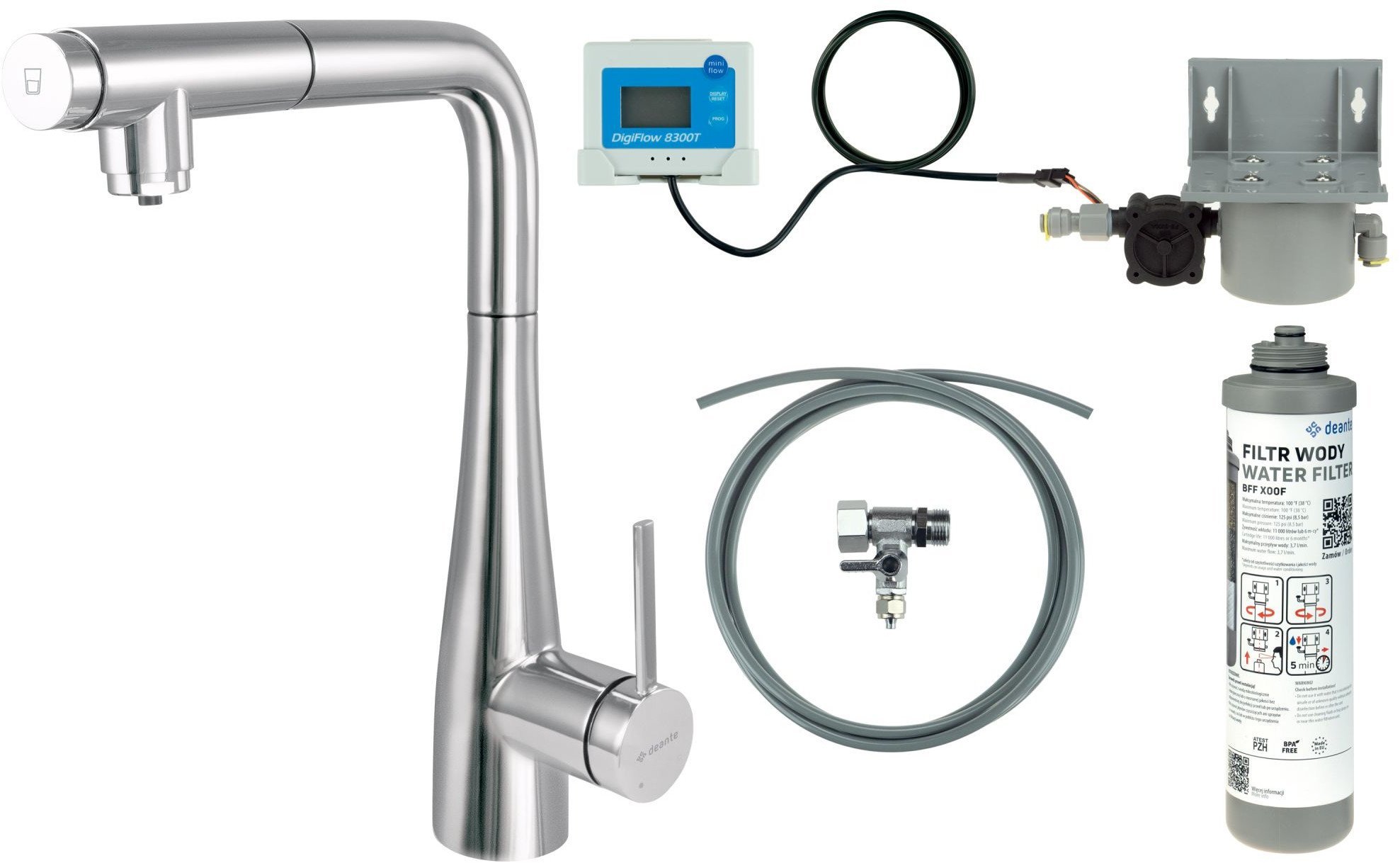Deante Bateria kuchenna z zestawem do filtracji wody z wyciąganą wylewką