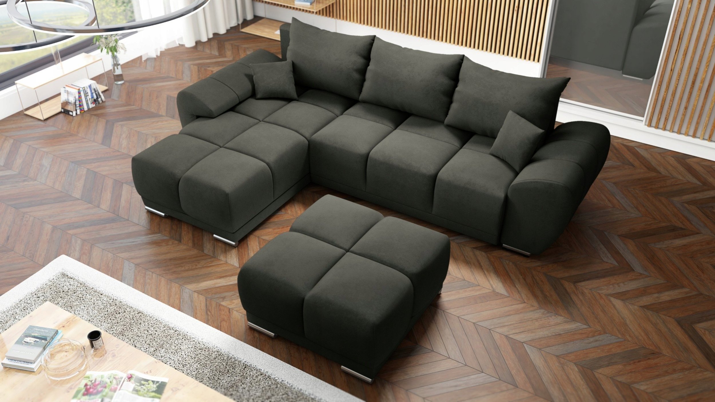 WYGODNY NAROŻNIK KANAPA ROZKŁADANA ROGÓWKA FUNKCJA SPANIA HONEY + PUFA