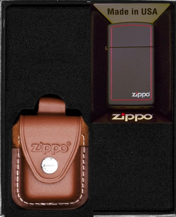 Zestaw ZIPPO Zapalniczka BLACK MATTE RED BORDER LOGO SLIM Prezentowy No2