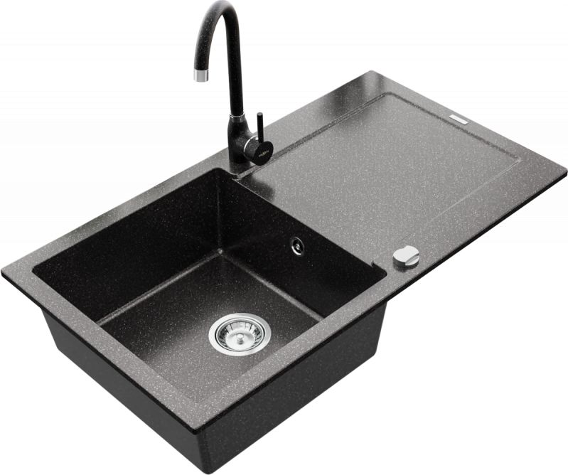 Zlewozmywak Mexen Leo granitowy 1-komorowy z ociekaczem i baterią kuchenną Telma, czarny nakrapiany - 6501-76-670200-76