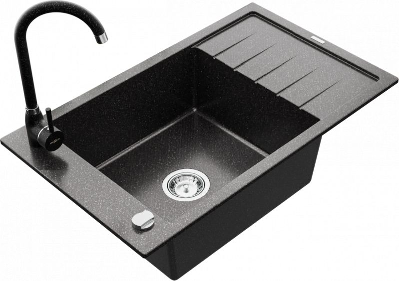 Zlewozmywak Mexen Elias granitowy 1-komorowy z ociekaczem i baterią kuchenną Telma, czarny nakrapiany - 6511-76-670200-76