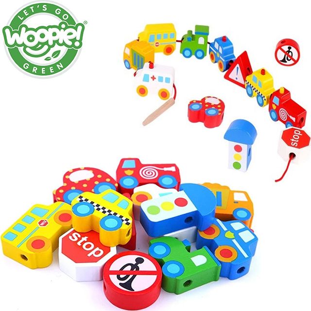 Woopie WOOPIE GREEN* Drewniane Klocki do Nawlekania Pojazdy Samochody 13 el.