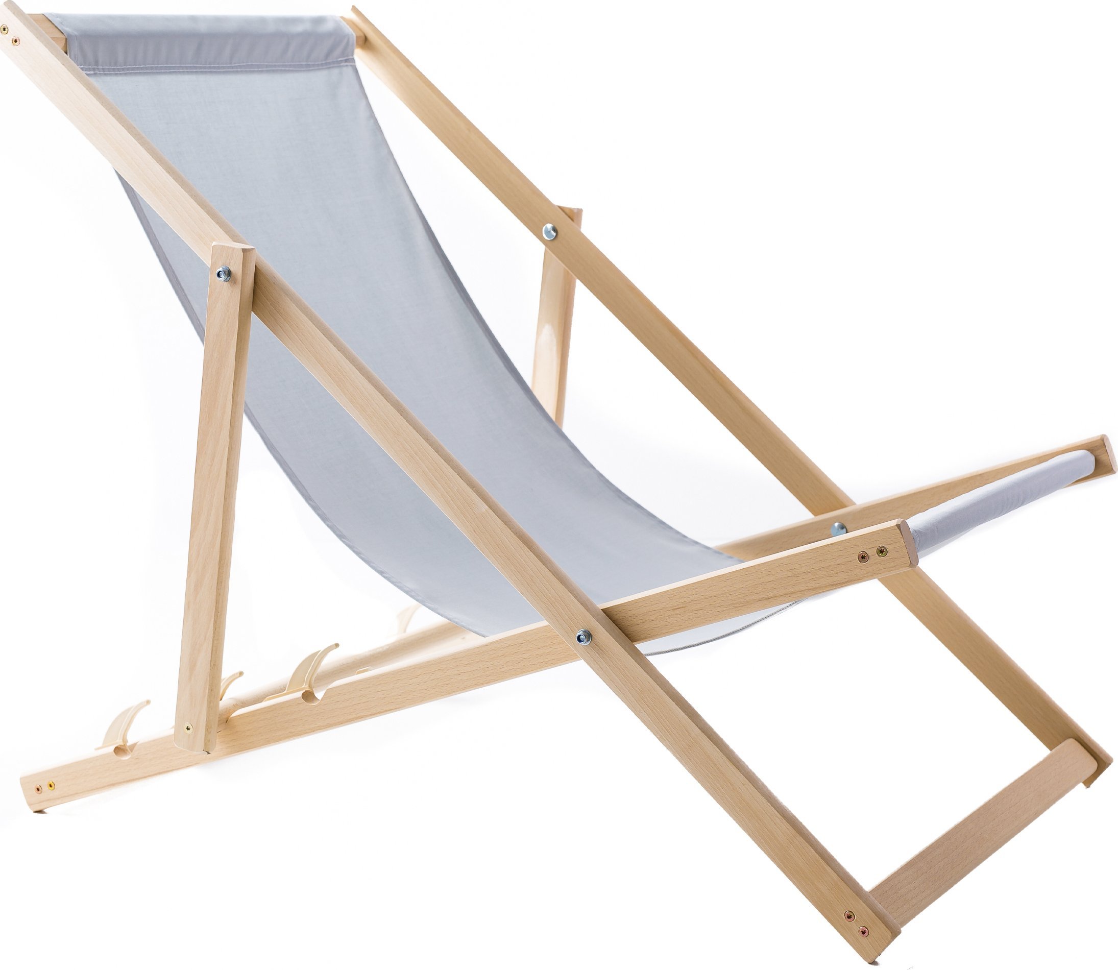 LEŻAK PLAŻOWY OGRODOWY DREWNIANY SKŁADANY WOODOK jasna szara tkanina