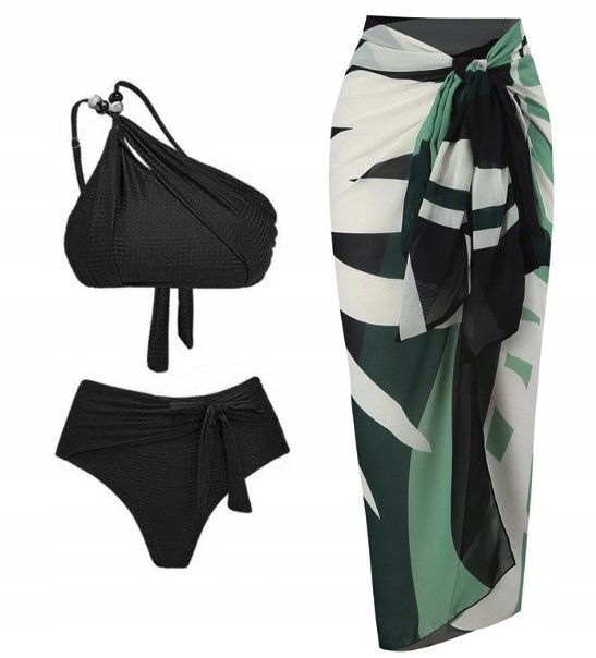 Stylowy zestaw kąpielowy bikini z wysokim stanem i chustą zielony M