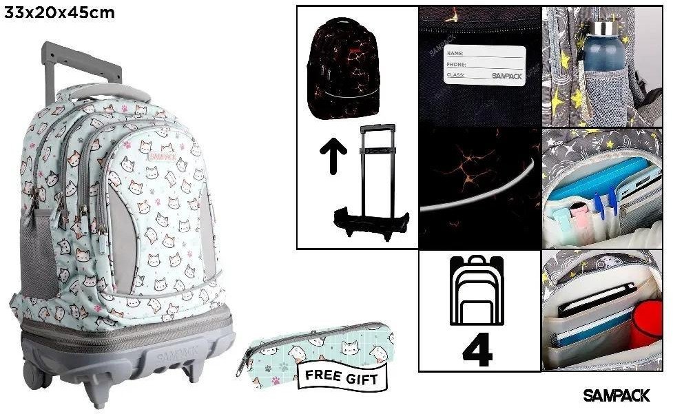 Plecak ze stelażem i kółkami 4 komory + piórnik