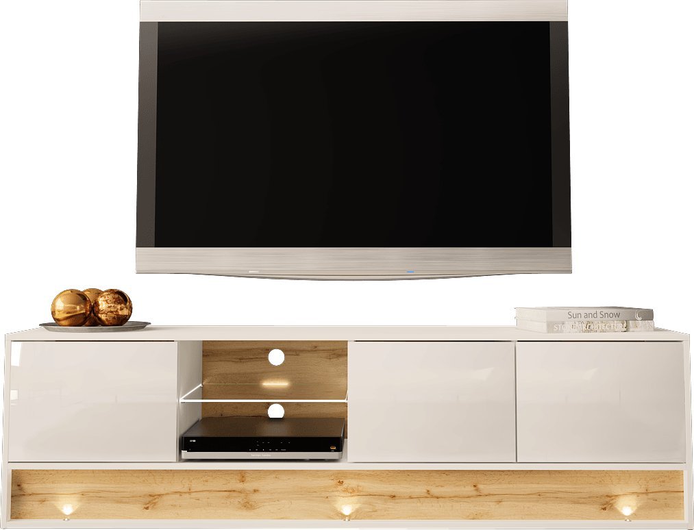 MEGSTYL SZAFKA RTV 180CM Z WSTAWKĄ DĄB WOTAN - VISION 1 Biały - Wotan mat - Biały połysk