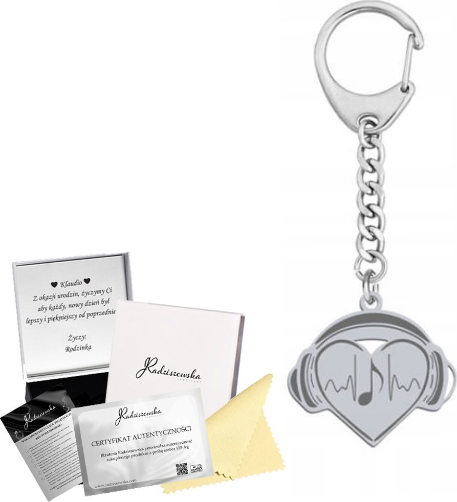 Radziszewska Jewellery BRELOK SERCE SŁUCHAWKI MIŁOŚĆ DO MUZYKI GRAWER SREBRO 925 PREZENT ŻYCZENIA