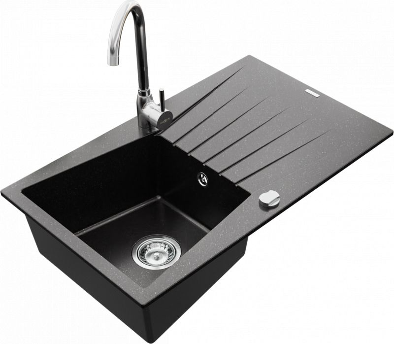 Zlewozmywak Mexen Cesar granitowy 1-komorowy z ociekaczem i baterią kuchenną Telma, czarny/srebrny - 6514-73-670200-00