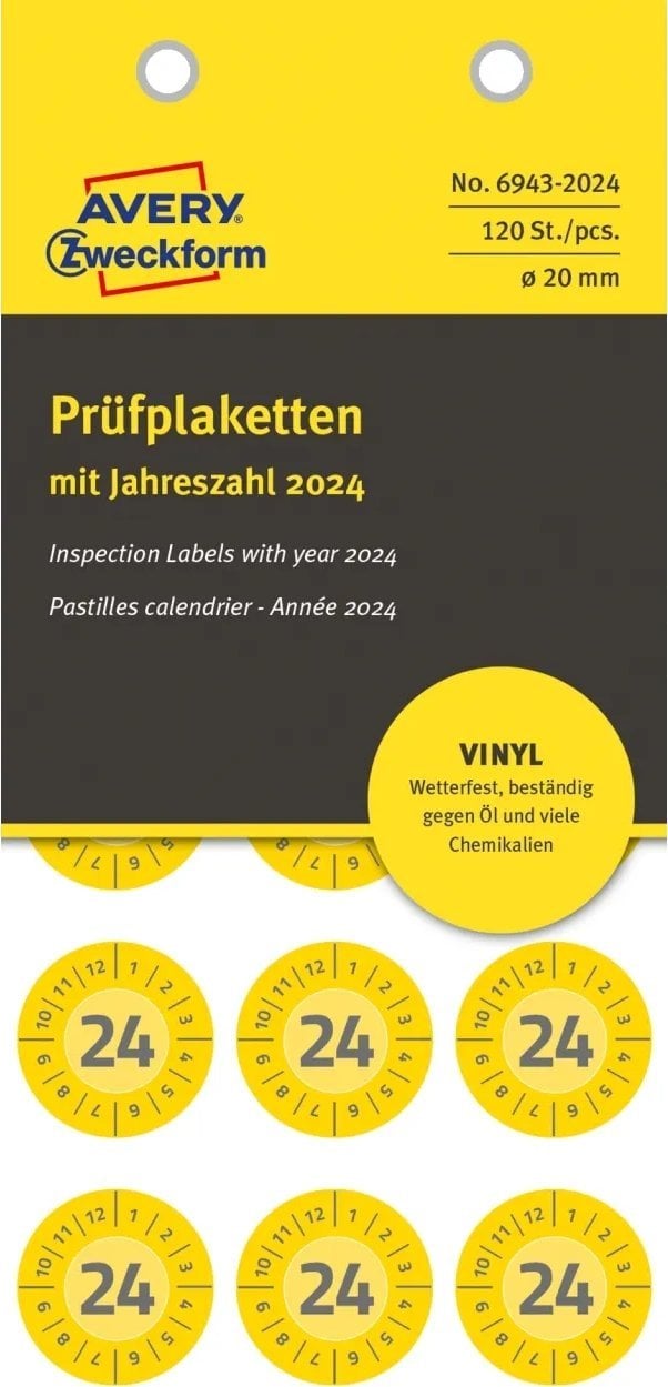 AVERY Avery 6943-2024 Ø 20 mm, 120 Etiketter, Gul Gul 152x70x3,5mm (8stk) - (8 pce pr. blister emballage)