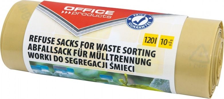 Office Products Worki na śmieci domowe OFFICE PRODUCTS, do segregacji plastiku, mocne (LDPE), 120l, 10szt., żółte