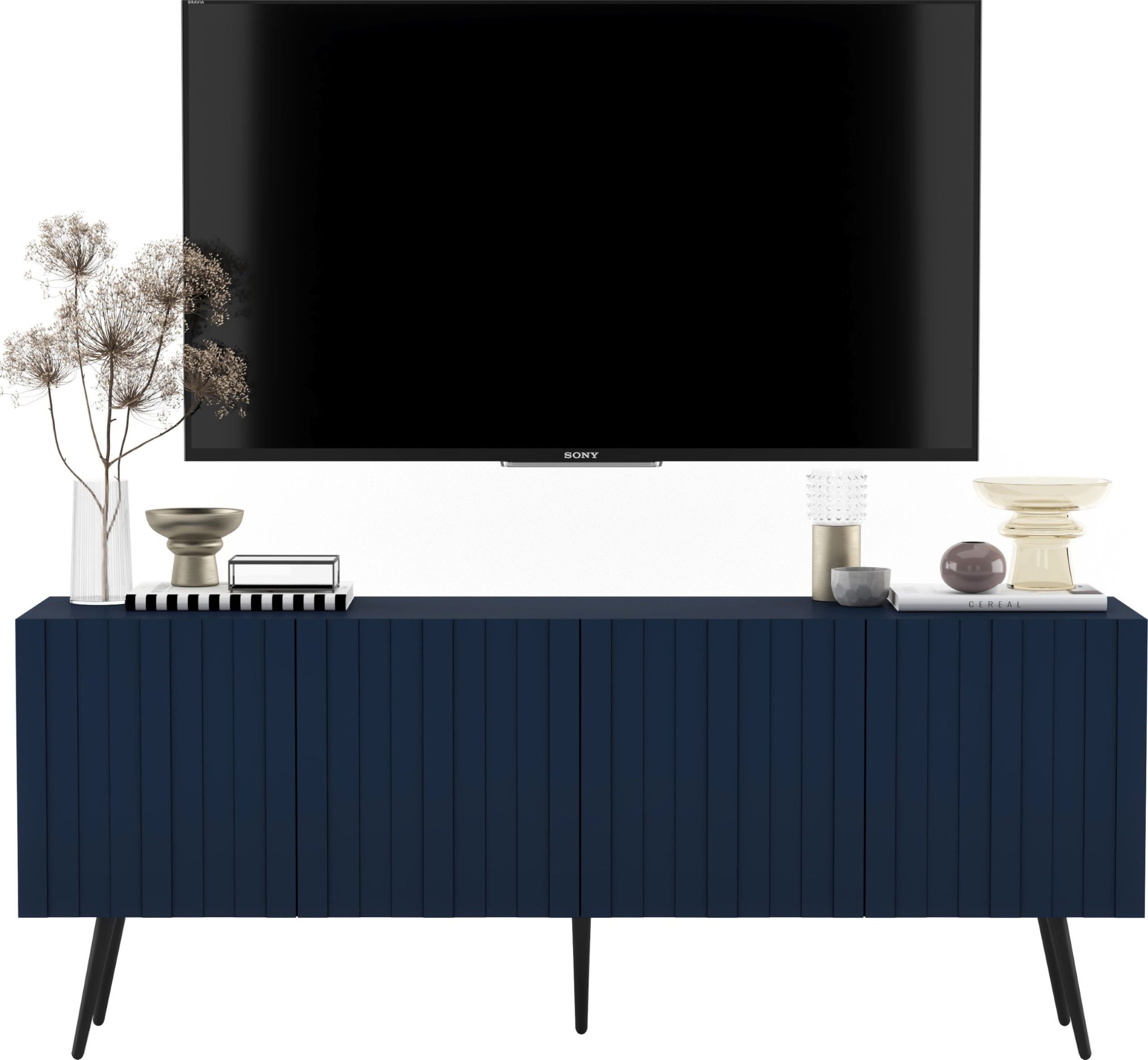 Meble Lindner Meble Lindner Komoda RTV Glamour Szafka RTV Glamour Granatowa 150 cm Ryflowane fronty Nogi Czarne Metalowe