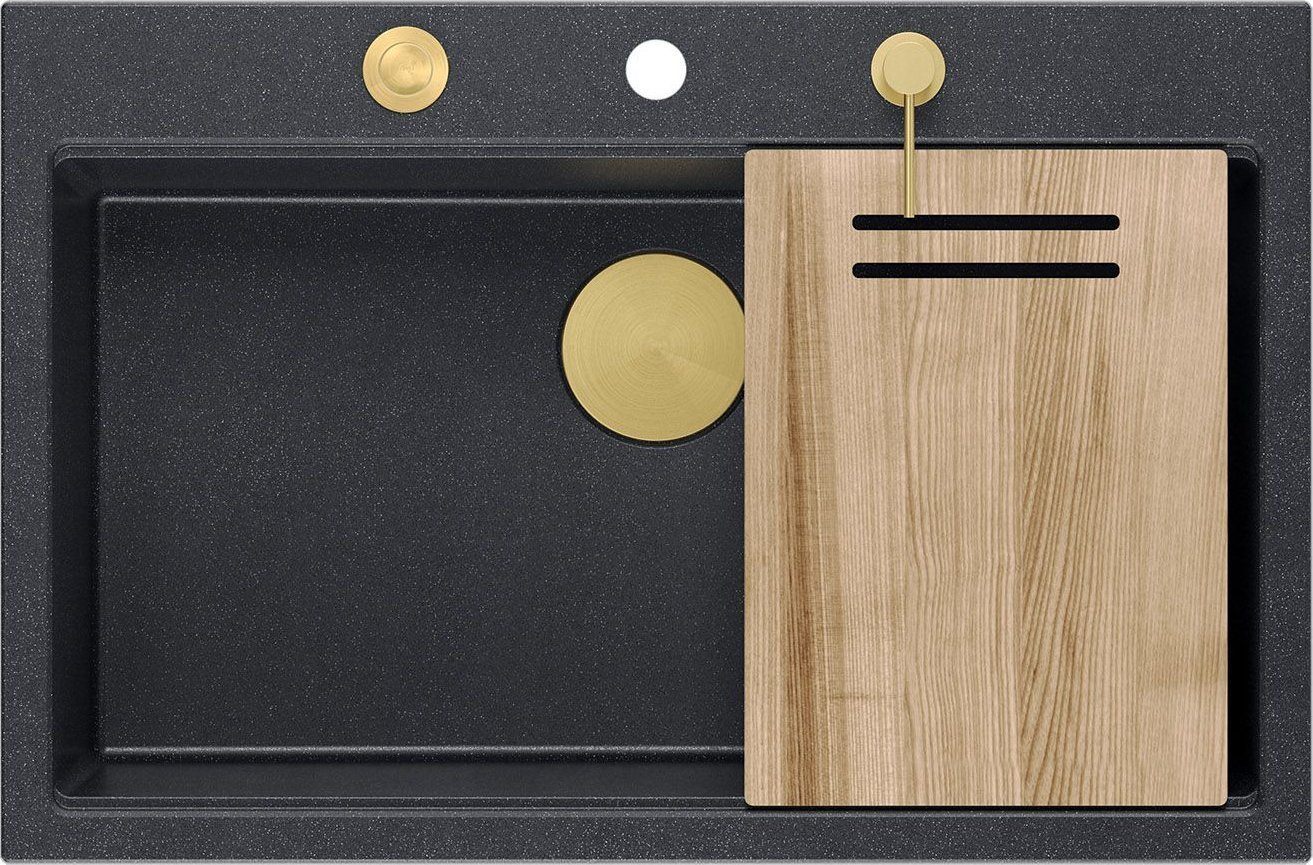 Zlewozmywak GraniteQ Zlewozmywak granitowy MARC 1-komorowy 76x50 cm czarny/black diamond + Nano ZŁOTO PVD