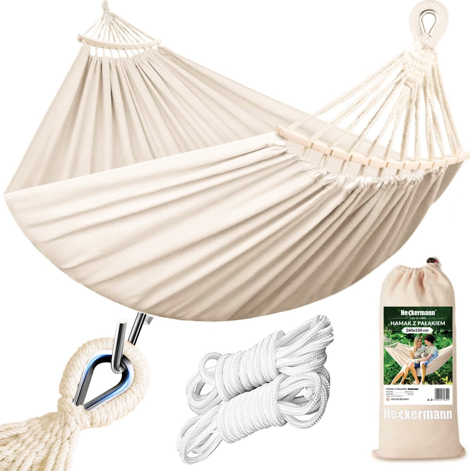 Heckermann Hamak sznurkowo-drewniany z drążkiem Heckermann 300kg 260x150cm Beżowy