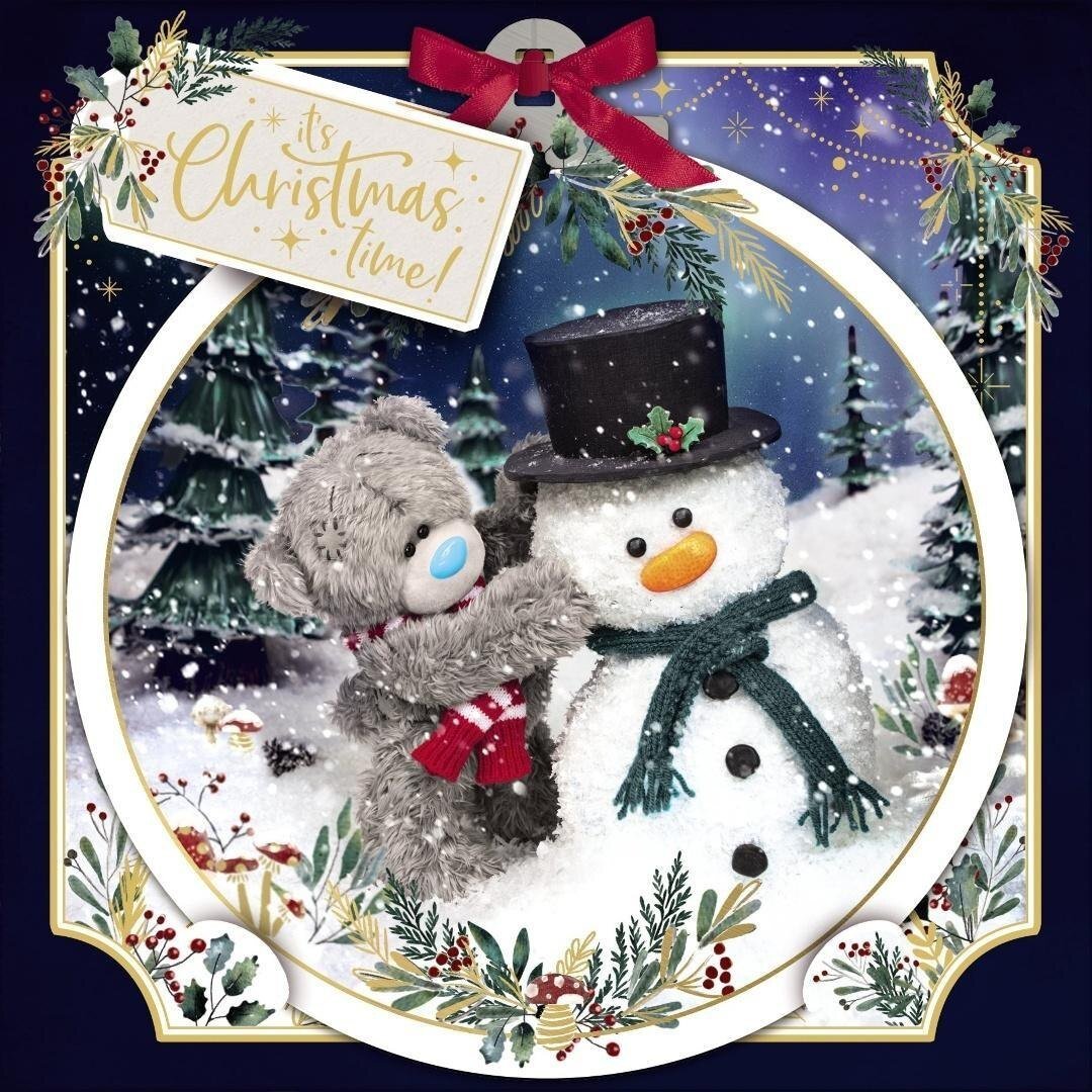 Kartka świąteczna 3D - Miś z bałwankiem