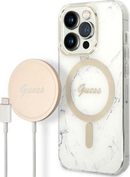 Ładowarka Guess Zestaw Guess etui + ładowarka bezprzewodowa GUBPP14LHMEACSH Apple iPhone 14 Pro biały/white hard case Marble MagSafe
