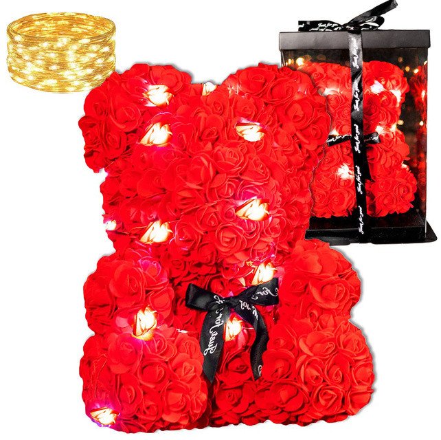 Miś z płatków róż czerwony 25 cm rose bear z kokardką i lampkami LED biały ciepły UNIWERSALNY