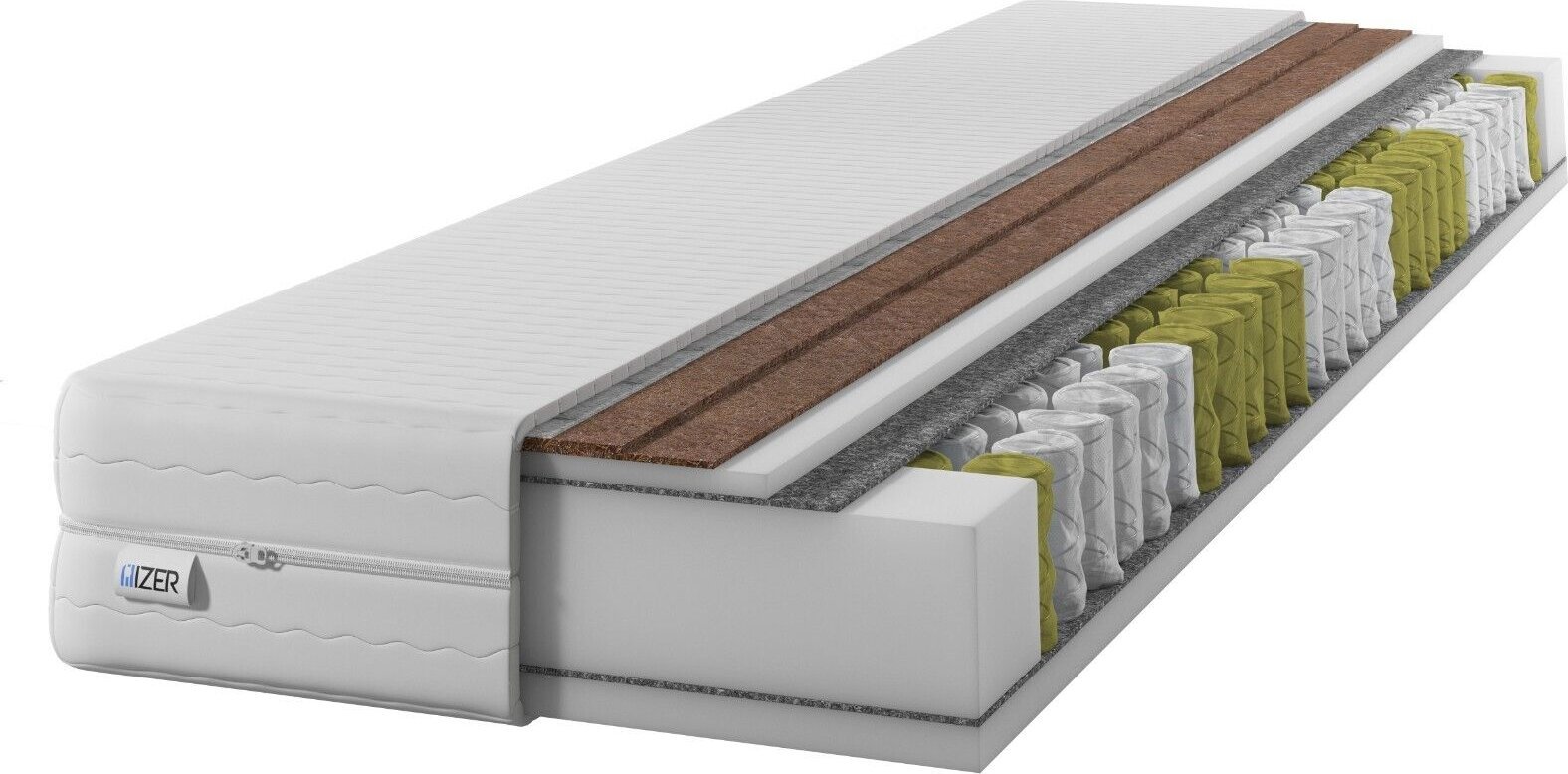Materac IZER GoldPLUS+ 120x190 cm z podwójnym KOKOSEM | dwustronny H3 i H5| 7 stref | rdzeń ze sprężyn kieszeniowych | pokrowiec pikowany | materac sp