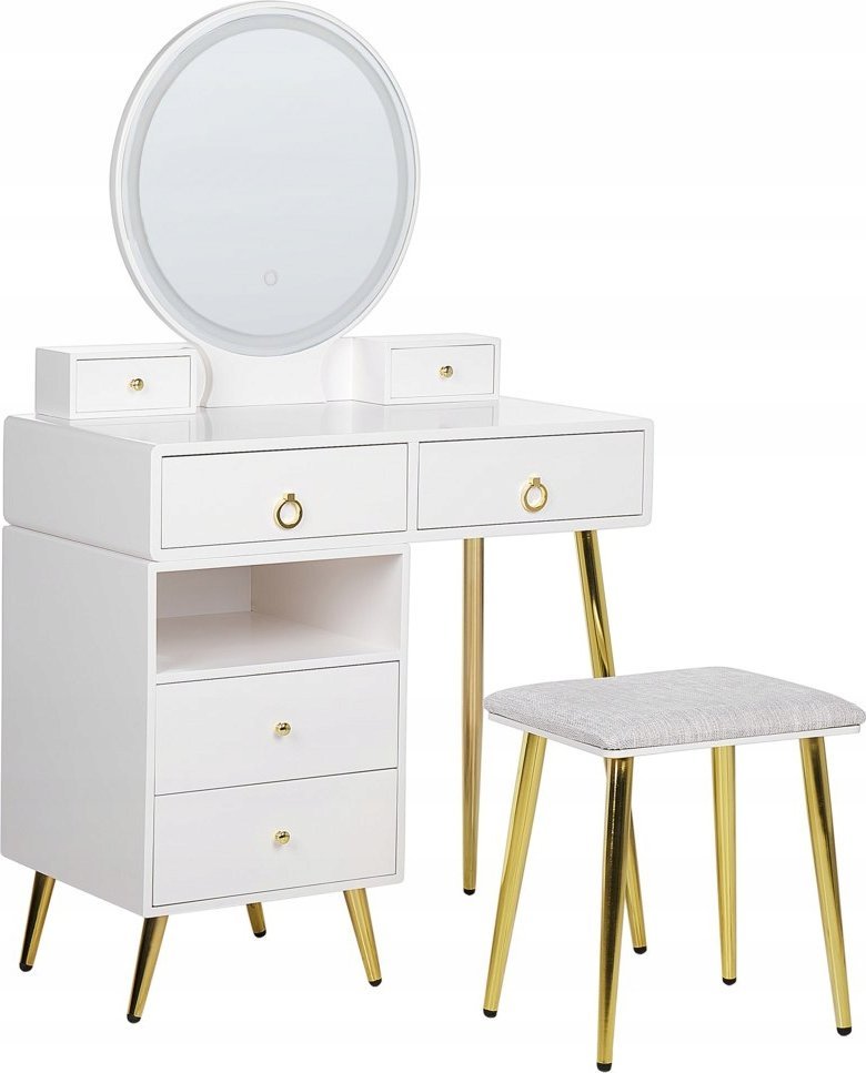 Beliani Toaletka 6 szuflad lustro LED ze stołkiem biało-złota YVES
