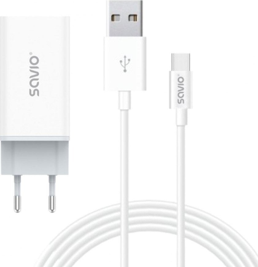 Ładowarka Savio Ładowarka sieciowa 65W Savio GaN LA-07 z kablem USB-A- USB typ C 1 m, biała