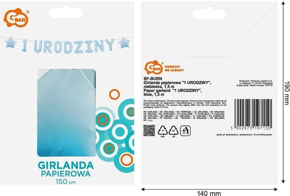 Girlanda papierowa 1 urodziny niebieska 1,8m