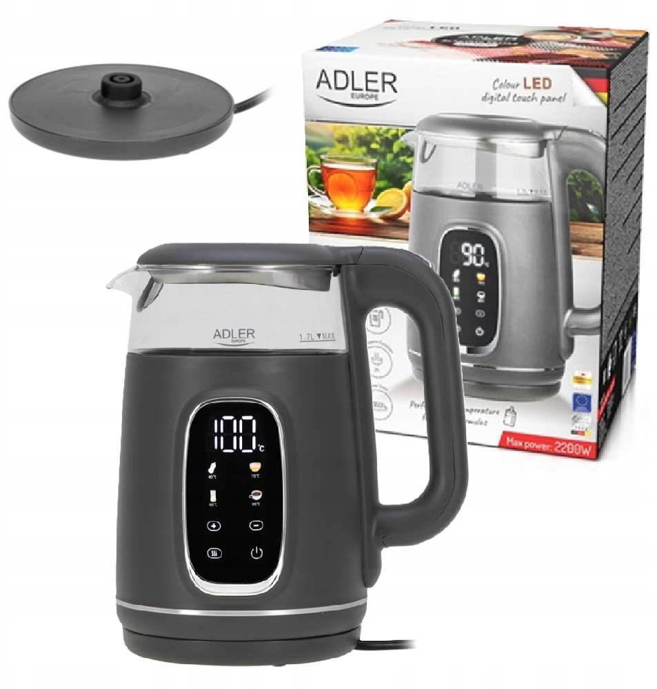 Czajnik Elektryczny 2200W Szklany Temperatury Dotykowy Led Szary 1,7L1305Gs