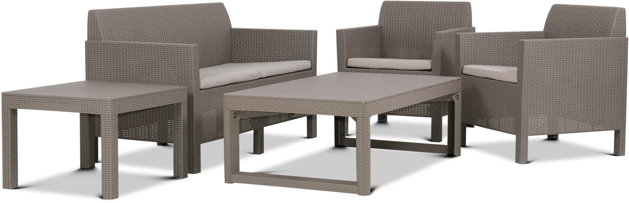 Zestaw mebli ogrodowych Orlando Set cappuccino dla 4 osób ze stolikiem i stołem Lyon