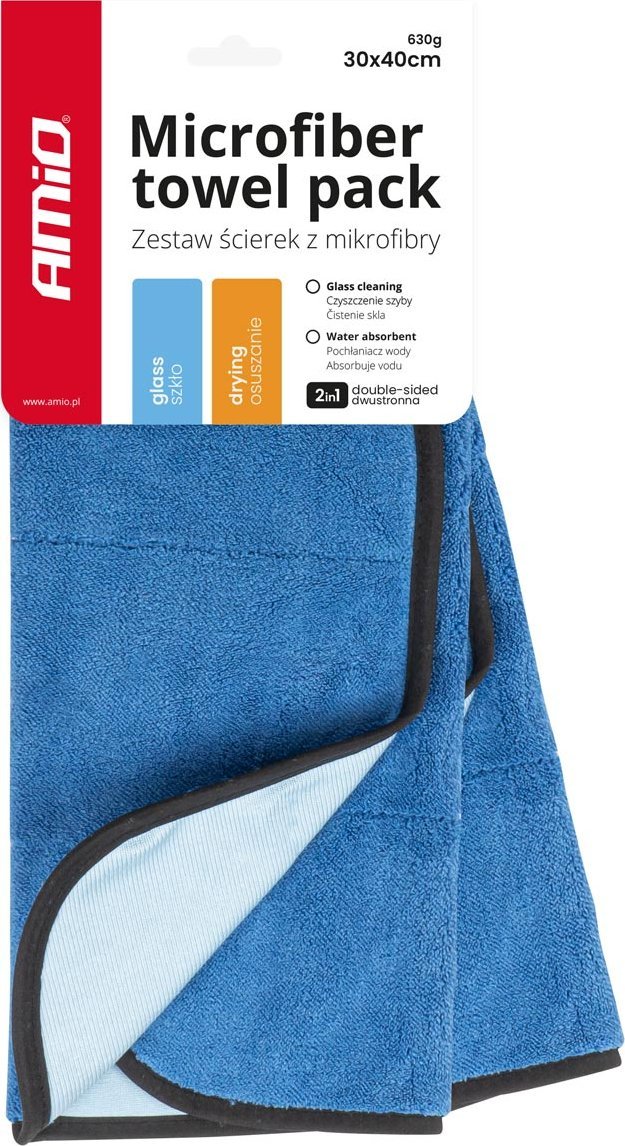 AMiO Mikrofibra do mycia czyszczenia szyb i osuszania samochodu 2w1 30x40 cm 2 szt. 630g amio-03747