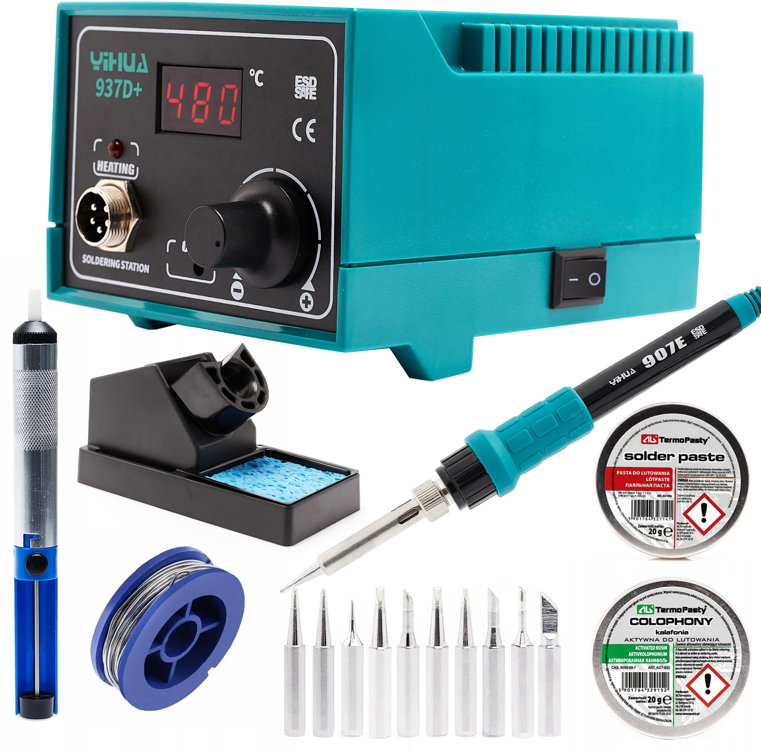 Zestaw Stacja Lutownicza Yihua 937D+ Kalafonia Pasta Cyna Odsysacz 10x Groty