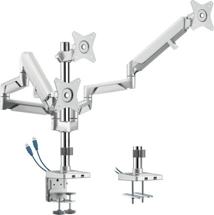 HDWR Uchwyt gazowy na 3 monitory, srebrny z dwoma portami USB, HDWR SolidHand-BG03SU