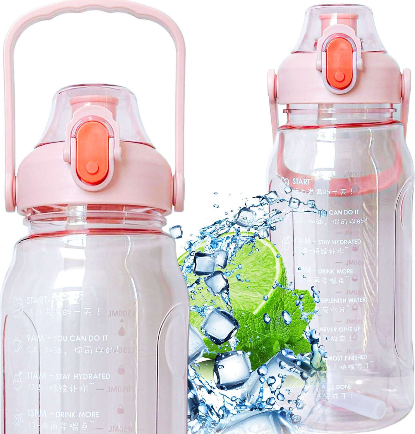 4kom.pl Butelka bidon ze słomką na wodę do picia 1,5l motywacyjna z przypomnieniem z miarką motywacyjną z uchwytem Różowa