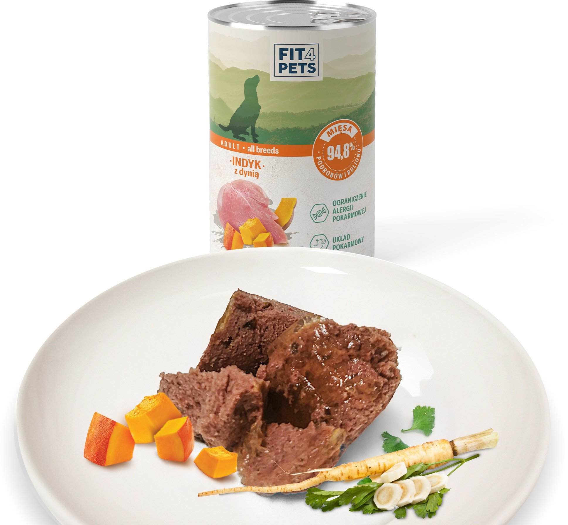 Fit4Pets Karma pełnoporcjowa dla psów dorosłych MIX 12 puszek indyk x 4, dzik x 4, kaczka x 4