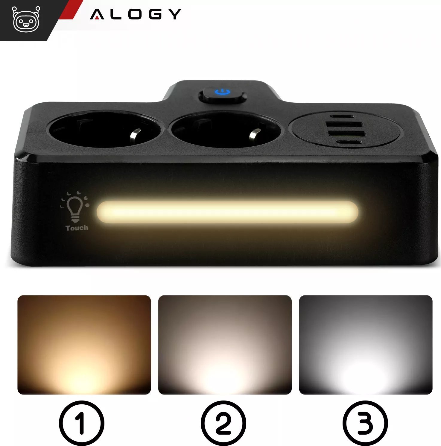 Alogy Rozgałęźnik gniazdka Alogy Plug Extender rozdzielacz adapter przedłużacz 2x wtyczka EU + 2x USB + 2x USB-C Czarny