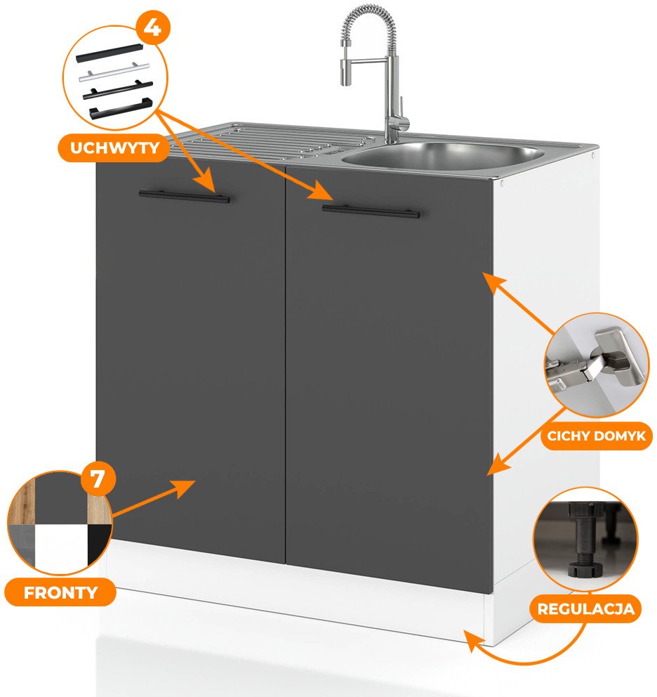 szafka kuchenna stojąca na nóżkach pod zlew modułowa 80cm spremium szary